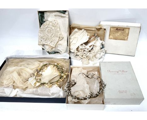 A collection of vintage fashion, textiles and other items, to include; wedding head dress, christening cap, dressing down, (A