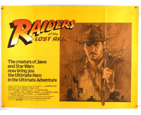 Raiders of the Lost Ark (1981), British Quad Film Poster for the first Indiana Jones Film, artwork by Richard Amsel, folded, 