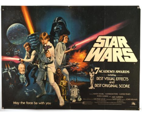 Star Wars: A New Hope (1977), British Quad Film Poster for the George Lucas Sci-Fi classic, artwork by Tom Chantrell, Oscars 
