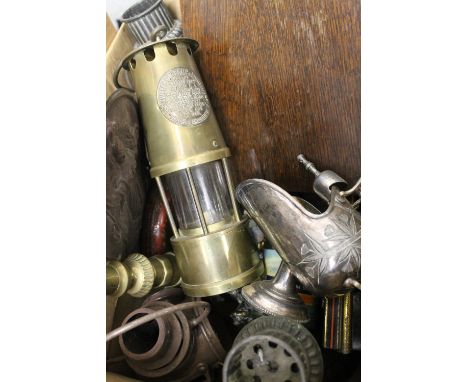 A quantity of miscellaneous metalware, including miners lamp, a fire mark, etc.