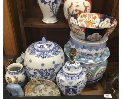 A Chinese blue and white porcelain vase and cover, blue and white porcelain lamp base, a blue and white jardiniere, and other