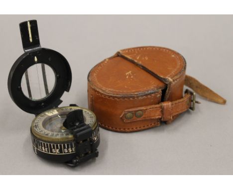 A WWII officer's marching compass by Hilger &amp; Watts Ltd, R. 2671A, in original leather case