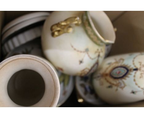 A box of decorative china, including Worcester Evesham