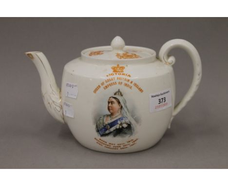 A late Victorian Commemorative Memorial teapot, transfer printed with a portrait of Queen Victoria