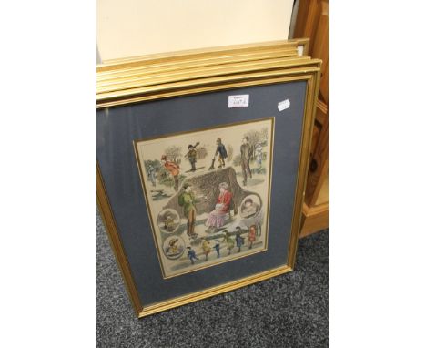 Five genre prints comprising Summer Outings, Sketches at Henley, A Reverie, On the Ice, and Canoeing Calamities, all framed a