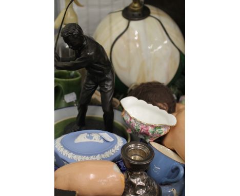 A box of miscellaneous including a loaded silver dwarf candlestick, resin golfer, ceramics, etc.