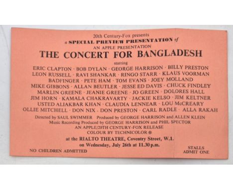 "The Concert for Bangladesh", a screening ticket/handbill for the special preview presentation shown at The Rialto Theatre, C