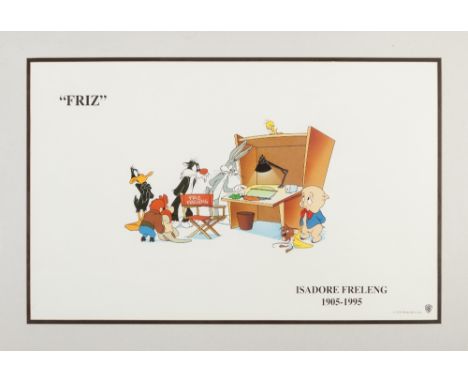 ISADORE FRELENG MEMORIAL COLOUR PRINTED CARTOON POSTER ISSUED BY WARNER BROTHERS, 1995, featuring famous characters around th