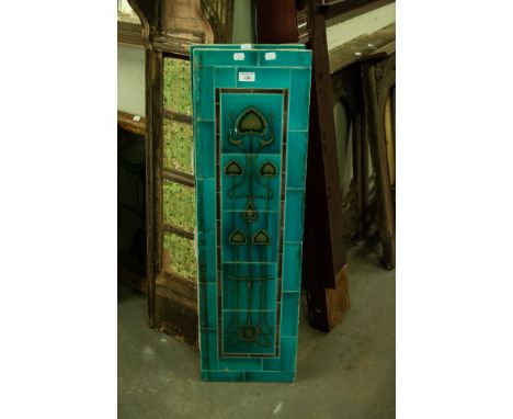 PAIR OF EARLY 1900s VERTICAL RECTANGULAR TURQUOISE BLUE GLAZED CERAMIC TILE APPLIED PANELS IN THE ART NOUVEAU TASTE, INSCRIBE