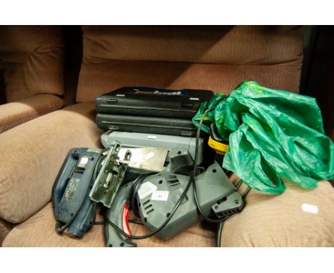 VARIOUS POWER TOOLS TO INCLUDE CORDLESS DRILL, JIG-SAW, ELECTRIC SAW, DRILL BIT CASED SETS, ETC.