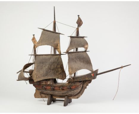 MODERN PAINTED SOFTWOOD MODEL OF A GALLEON, with fabric sails, 22" (55.9cm) high, on wood stand, 