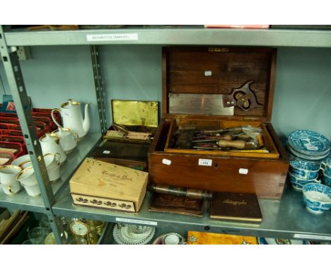 WOODEN BOX CONTAINING VARIOUS OLD TOOLS; TWO SMALL WOODEN BOXES; ETC.
