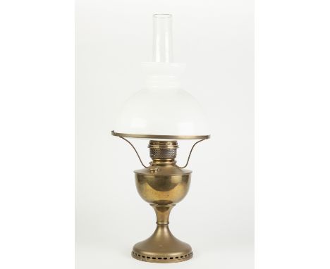 BRASS AND WHITE GLASS OIL TABLE LAMP, of typical form with domed shade and clear glass chimney, 25" (63.5cm) high overall