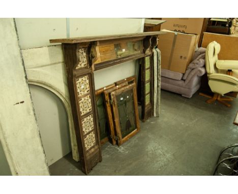 LATE VICTORIAN WOODEN CERAMIC TILE INSET FIRE SURROUND WITH MIRROR BENEATH MANTEL SHELF, 47" (119.5CM) HIGH, 64" (162.5CM) WI