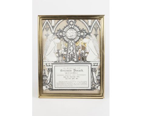 VICTORIAN CUT PAPER TRIBUTE TO BENJAMIN DISRAELI, 1805-1881, with photographic portrait, framed and glazed, 9" x 7" (23cm x 1