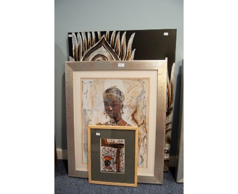 COLOUR PRINT, AFRICAN WOMAN AND AN UNFRAMED CANVAS PICTURE, GOLD FOLIAGE ON BLACK BACKGROUND