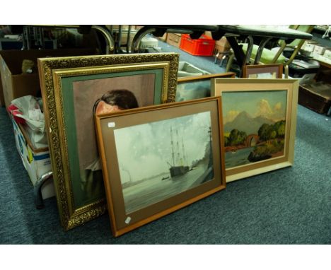 REPRODUCTION COLOUR PRINT AFTER ROWLAND HILDER TOGETHER WITH SIX OTHER OIL PAINTINGS AND WATERCOLOURS, VARIOUS (7)