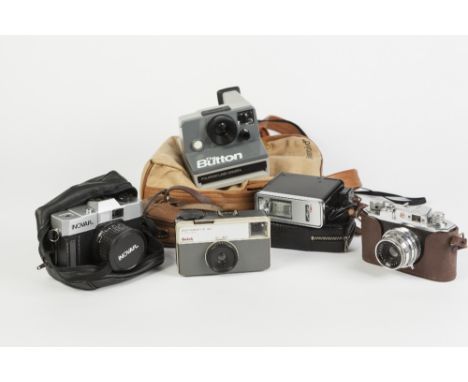 HALINA35X ROLL FILM CAMERA, with ILFOLUX FLASH, together with a POLAROID 'THE BUTTON' LAND CAMERA, in soft case, AND THREE OT