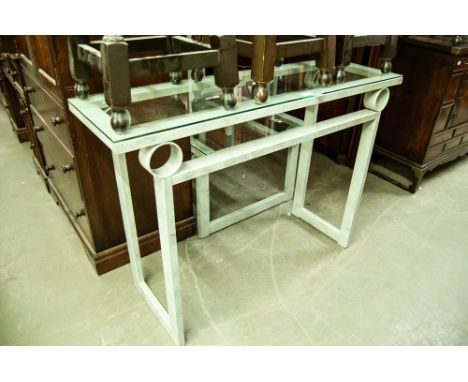 OBLONG GREY METAL FRAMED CONSOLE TABLE WITH GLASS TOP