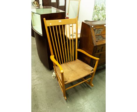 LIGHT WOOD STICK BACK ROCKING CHAIR WITH CANE SEAT