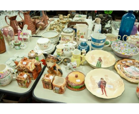 MISCELLANEOUS CERAMICS TO INCLUDE TWO ROYAL DOULTON BOWLS, 'JULIET' AND 'ROMEO', A CORNISH WARE QUART JUG, A NAO FIGURINE, A 