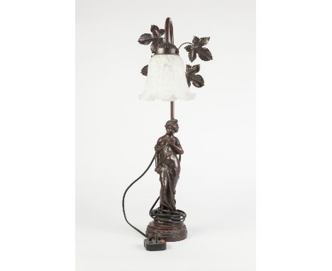 MODERN PATINATED METAL FIGURAL ELECTRIC TABLE LAMP, modelled as a semi naked female, on a circular base with white speckled g