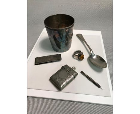 A Lot of silver items which includes heavy silver tea spoon by Joseph Rodgers, heavy silver and amber ring, Silver plated Chr