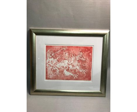 Block print titled "The flying dragon" 2 edition, varied 3/50, dated 2010. signed by artist. Fitted within a silver modern fr