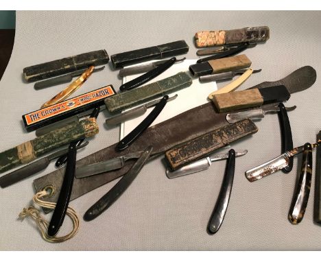 A Lot of vintage cut throat razors, mostly all in good condition, some come with boxes, Names such as James Barber Era, The H