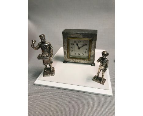 Arts &amp; crafts Tudric pewter square clock by Archibald Knox for Liberty &amp; co. together with two silver plated figurine