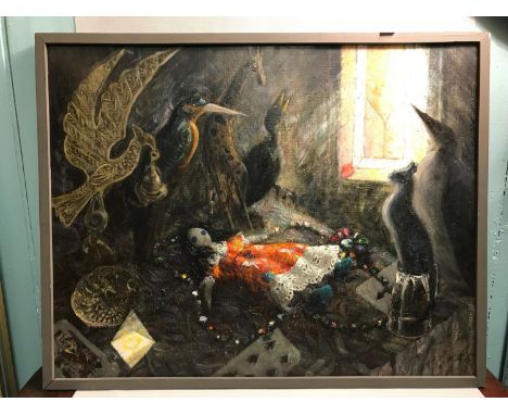An oil painting depicting a rag doll surrounded by bright beads situated within a dark surround, with light entering from a s