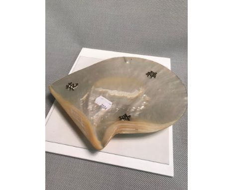 Vintage mother of pearl shell pin dish styled on 3 bun feet and Japanese signature characters 