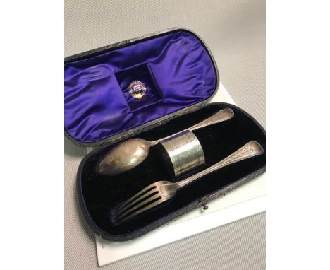 Victorian London silver Fork, Spoon &amp; Napkin set. makers R. Brook &amp; Son. Fitted within its original casing. Dated.