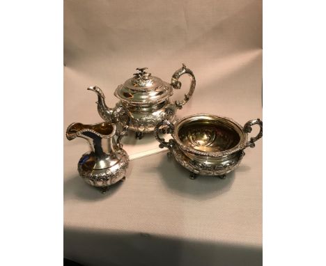 Victorian Scottish, Edinburgh Silver 3 piece highly detailed 3 piece tea service. Makers James Howden &amp; Son. Dated 1853.