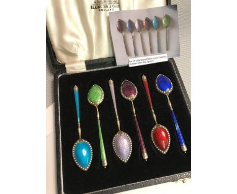 A Set of 6 Harlequin plique-a-jour Enamel sterling 925 (Possibly Norwegian/ Danish) silver tea spoons. Done in a Faberge styl