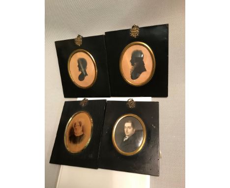 A Lot of 4 miniature portraits and silhouettes. Painting of a Gentleman by George Patten, Lady portrait is an old print, Silh