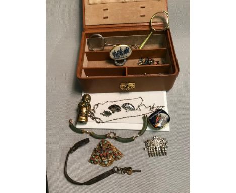 A Lot of various jewellery and odds which includes vintage baby vesta case, Egyptian revival gem stone buckle, Jade and yello