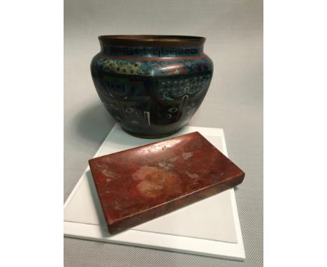 Hard stone soap dish together with 19th century cloisonne planter styled in an Aztec design. stands 14.5cm in height. 