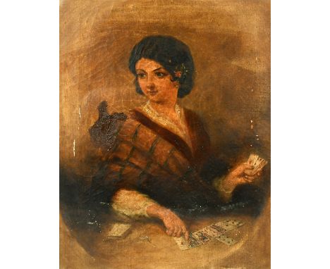 Follower of Charles Baxter, A seated lady holding playing cards with some laid out in front of her, oil on canvas, 17.5" x 13