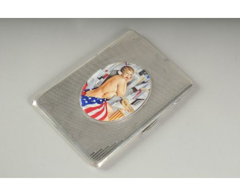 AN ENGINE TURNED CIGARETTE CASE with an enamel of a nude. Birmingham 1944, 132gms.