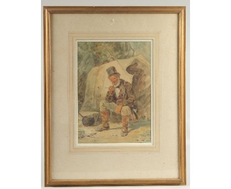 Joseph H. Barnes, late 19th Century. A wayfarer smoking his pipe at camp, watercolour. Signed, 11.5" x 8.5" (29 x 21.5cm).