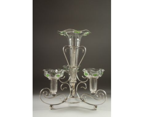 A GOOD ART NOUVEAU EPERGNE , with a plated stand and four cut glass flower holders. 15ins high.