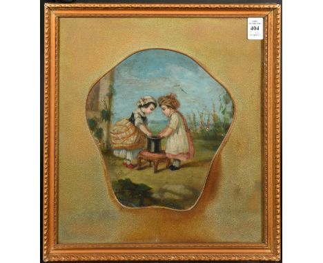 19th Century, Continental School, Children outside playing with a top hat on a stool and a toy in a circular container, oils 