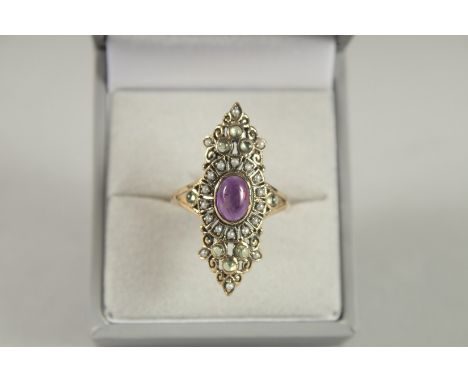 A 9CT GOLD, AMETHYST PERIDOT AND PEARL, SUFFRAGETTE COLOURS, RING