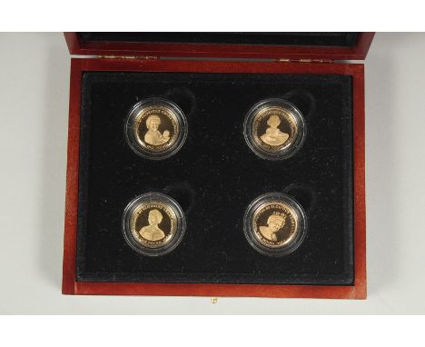 QUEEN ELIZABETH II 80th BIRTHDAY PORTRAIT GOLD SOVEREIGN COLLECTION. Gibraltar, 2006.  No. 83 / 250. Four 22ct gold coins, bo