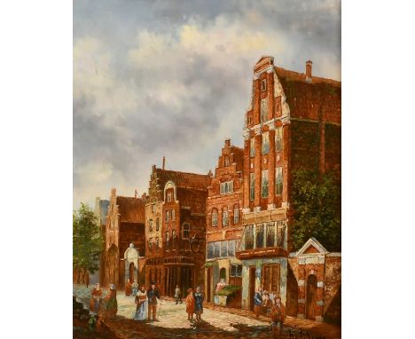K. Adams (20th Century), a pair of oil on panel scenes of figures in Continental city streets, each signed. Each 10" x 8" (26