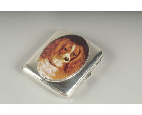 A PLAIN CIGARETTE CASE, Birmingham 1904, 67gms. An oval enamel of a spaniel.