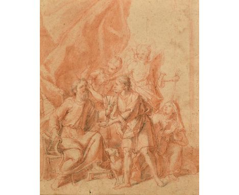 17th Century An old master drawing of gathered figures with cherubs in attendance, sanguine and graphite. 11" x 9" (28 x 23cm
