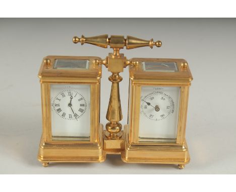 A DOUBLE BRASS CARRIAGE CLOCK AND BAROMETER with carrying handle. 9cms high.