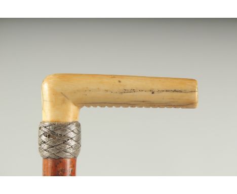 A CARVED BONE HANDLE SWORD STICK with silver band. 2ft 8ins long.